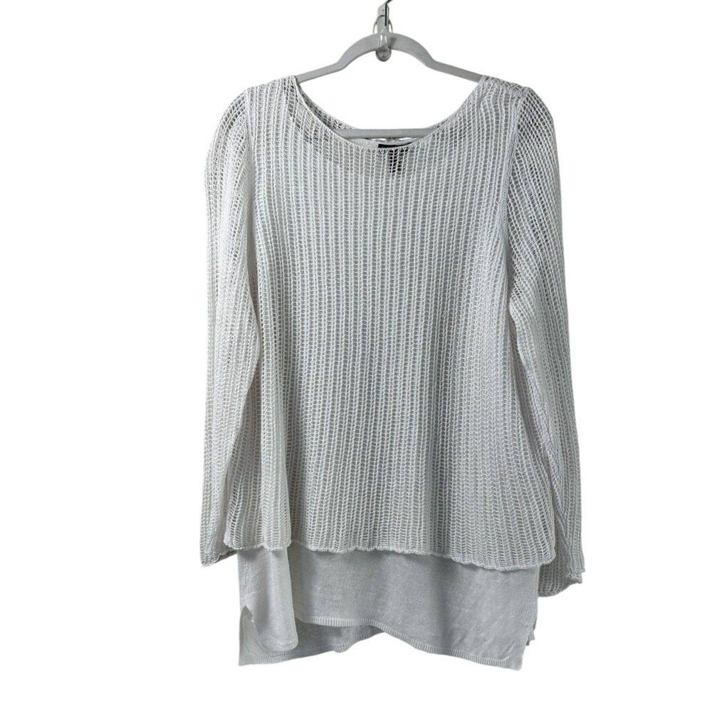 Eileen Fisher Linen Knit Mesh Sweater Size L White Overlay Layered Top Beach